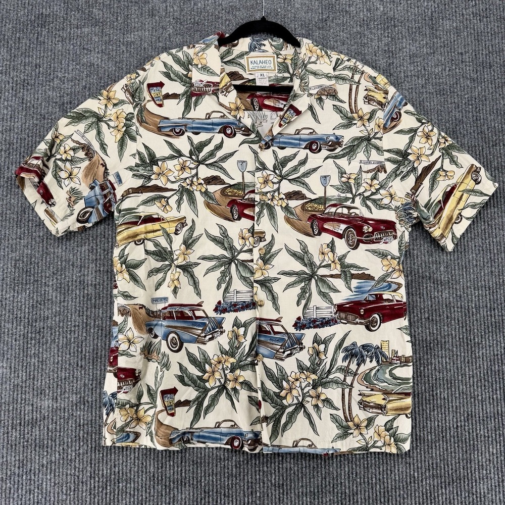 Kalaheo Hawaiian Shirt XL Made In Hawaii Classic Cars Aloha Scene Print Vintage